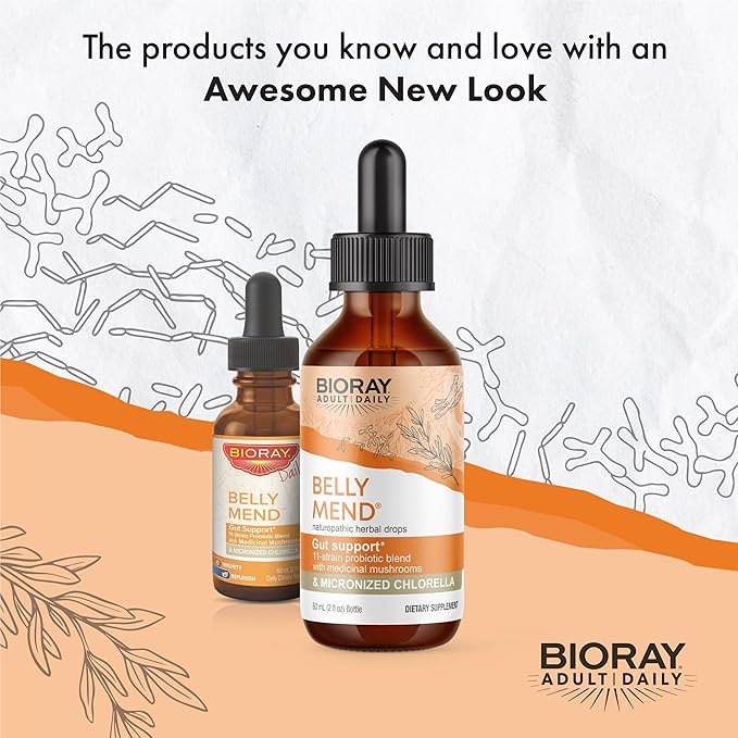 BIORAY Daily Belly Mend - 2 fl oz - 11-Strain Probiotic Blend with Medicinal Mushrooms - Supports Healthy Gut &amp Bowel Functions - Non-GMO Vegetarian Gluten Free