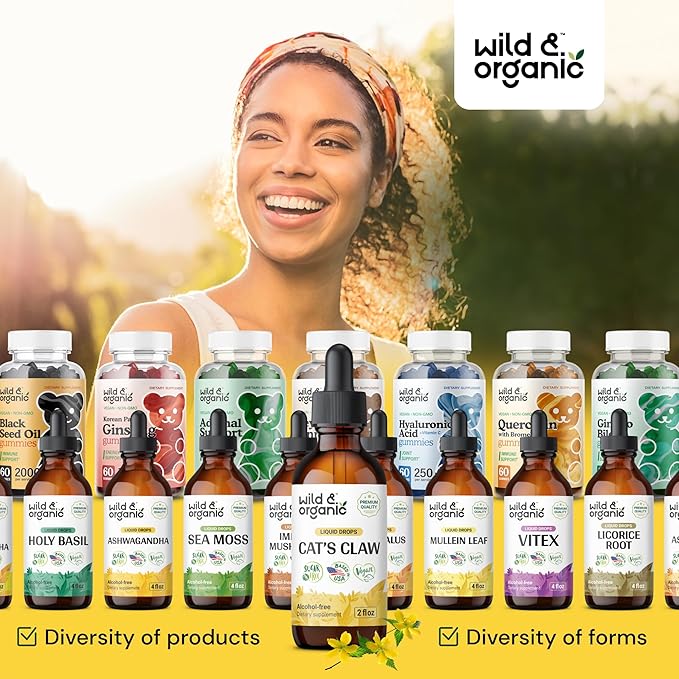 Wild &amp Organic Cats Claw Herb Supplement - Immune Support - Cats Claw Bark Tincture - Add to Tea Liquid Drops - Uncaria Tomentosa Extract - Vegan Sugar &amp Alcohol-Free - 2 fl oz