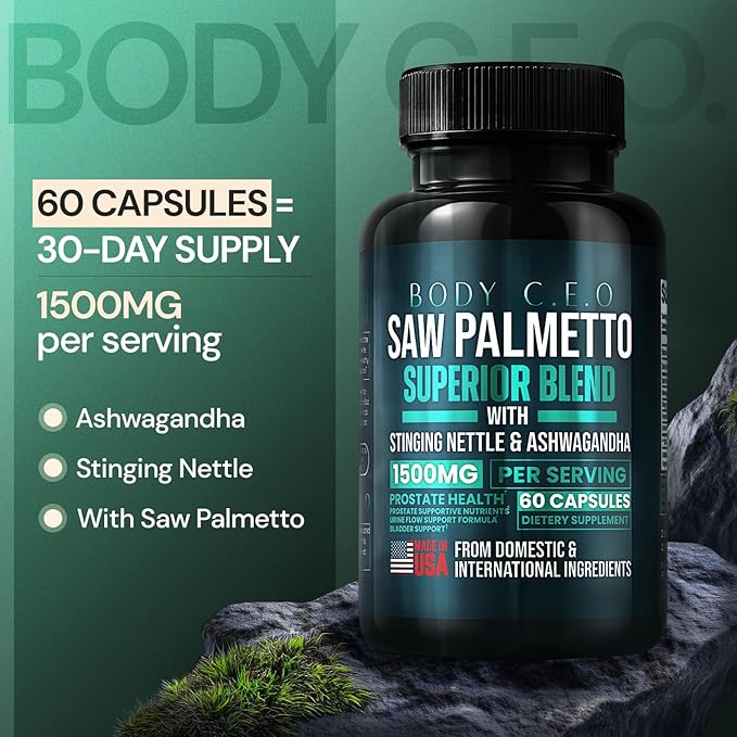 Saw Palmetto for Men - Prostate Health &amp Urinary Support - Stinging Nettle Ashwagandha Lycopene - Support Healthy Bladder Flow &amp Prostate Function - 60 Capsules