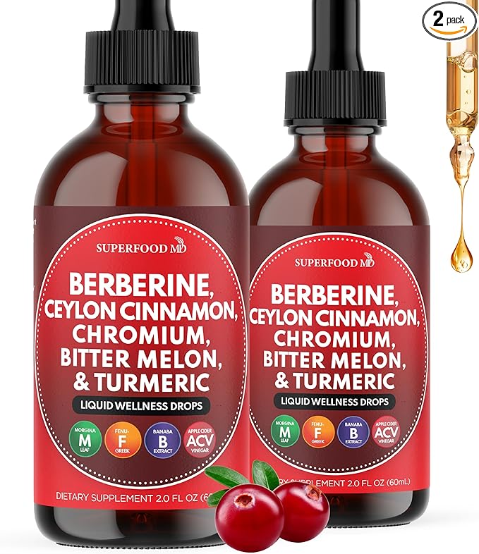 Berberine with Ceylon Cinnamon Supplement Liquid Drops + Bitter Melon Extract Glucomannan Gymnema Chromium Turmeric Organic Panax Ginseng Moringa 4oz