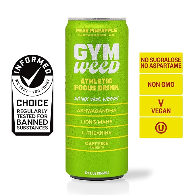 GYM WEED Athletic Focus Drink with KSM-66 Ashwagandha Lion's Mane Mushroom L-Theanine 200mg Green Tea Caffeine with Natural Sweeteners Pear Pineapple Flavor 12 Pack