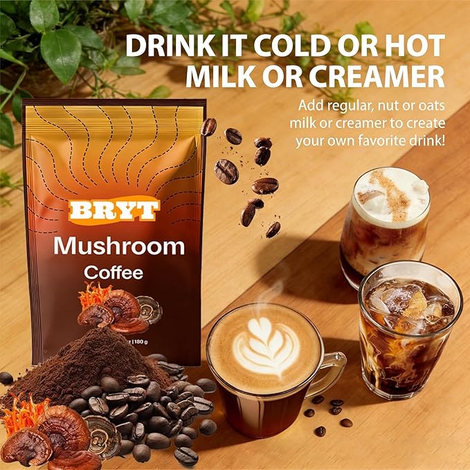 Bryt Mushroom Coffee with 6 Adaptogenic Mushrooms + Collagen – Steady Energy Focus &amp Immunity Support 6.35 oz(1pcs)
