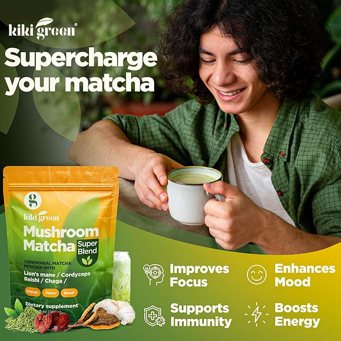 KIKI Green Mushroom Matcha Super Blend - Matcha Powder with Lion's Mane Chaga Reishi Cordyceps - Mushroom Coffee Alternative for Energy Focus Immunity - 8 oz 40 Servings