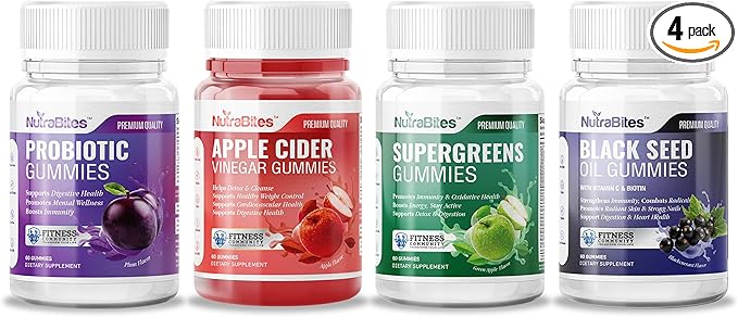 Digestive Health Wellness Pack - Probiotic Apple Cider Vinegar Super Greens and Black Seed Oil Gummies - Supports Digestion Gut Health &amp Metabolism - 4-Pack for Daily Comfort