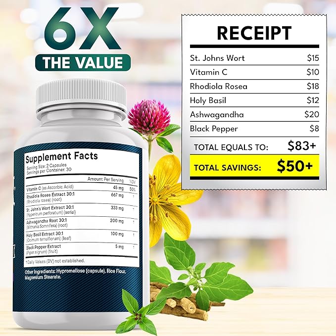 NEW AGE St Johns Wort Rhodiola Rosea Holy Basil Ashwagandha - Support for Women and Men with Vitamin C &amp Black Pepper Extract - 180 Count