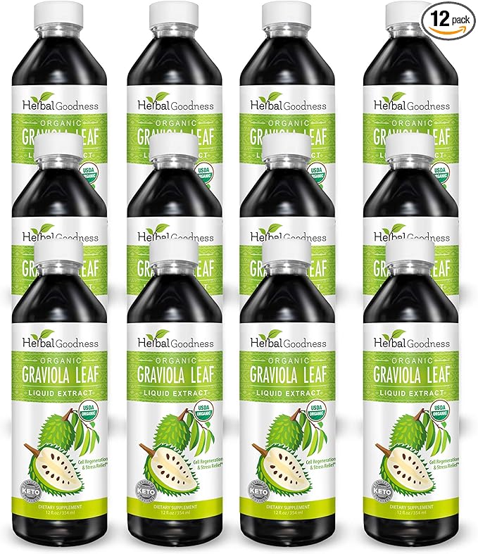 Herbal Goodness Graviola Leaf Extract 15X Strength - Soursop (Guanabana) Leaves Liquid USDA Organic Non-GMO Kosher Cell Support &amp Regeneration &amp Stress Relief Immune Boost 12(12oz) btls