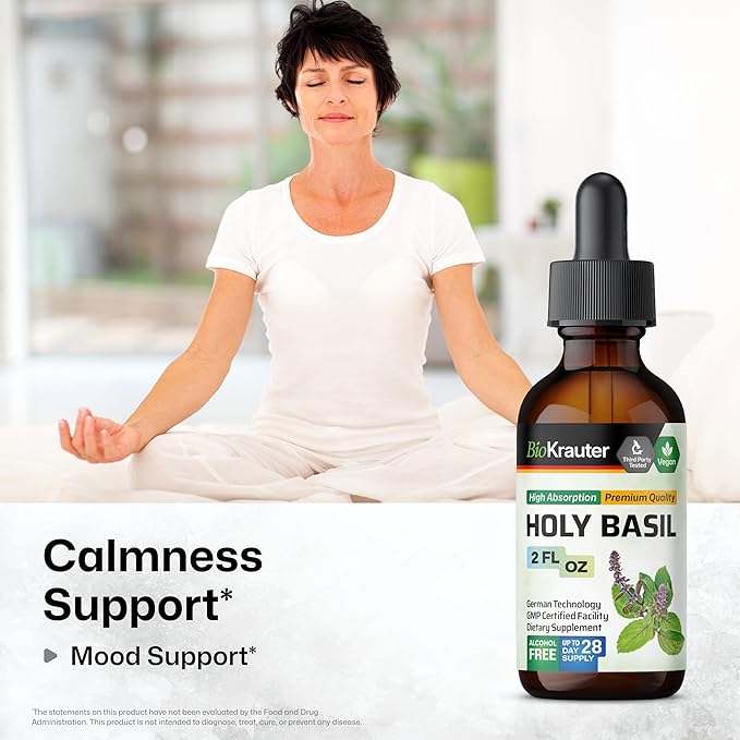 BIO KRAUTER® Holy Basil for Calm &amp Relaxation Support - Vegan Holy Basil Supplement 625 mg per Serving for Mood Support - 2 Fl.Oz. 28-Day Supply Alcohol &amp Sugar Free Herbal Adrenal Supplemen