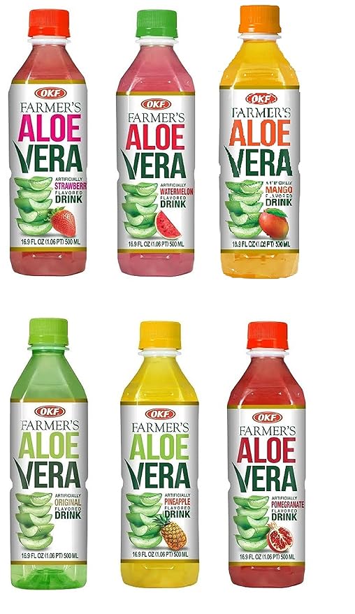 OKF Farmer's Aloe Vera Drink with Pulp Variety Pack includes Original Pineapple Mango Watermelon Pomegranate and Strawberry.(6 Flavor Variety Pack 12 Pack)