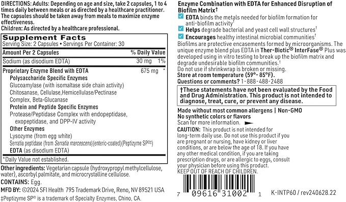 Klaire Labs SFI Health Interfase Plus - Enzyme Combination to Disrupt Biofilm Matrix + EDTA - Gastrointestinal System Gut Flora Biofilm &amp Detox Support (60 Capsules)