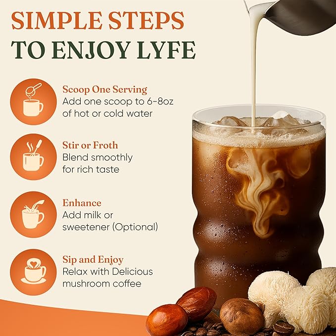 LYFE Organic Instant Decaf Mushroom Coffee 40 Servings – Lion’s Mane Chaga Cordyceps &amp Turkey Tail | Adaptogenic Blend for Energy Focus &amp Wellness | Natural Superfood Coffee for Daily Vita