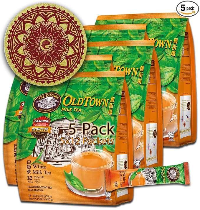 5-Pack OLDTOWN White Coffee 3 in 1 Asian Instant Coffee Package with a Cork Coaster old town White Coffee 75 Packets with a Random Flavor Sample Packet (5-PACK MLT)