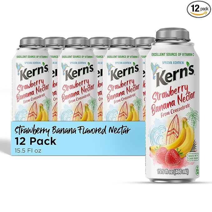 Kern’s Strawberry Banana Nectar Lata Botella - Fresh Fruit Puree &amp Tropical Fruit Juice Concentrate for Smoothie Mix Cocktail Mixers &amp Kids Beverages - 15.5oz 12 Pack Resealable Juice Bottle