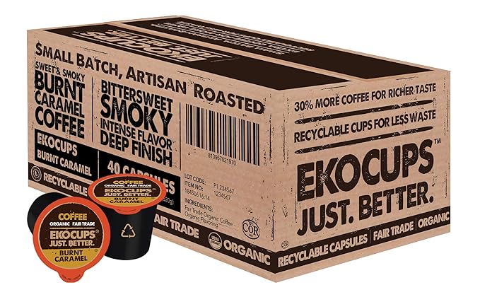 EKOCUPS Organic Burnt Caramel Flavored Coffee Pods Extra 30% More Coffee Per Cup Artisan Fair Trade Dark Roast Carmel Coffee for Keurig K Cup Machines Recyclable Pods 40 Count
