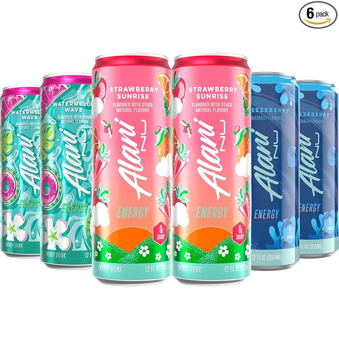 New Alani Energy Drinks Strawberry Sunrise Watermelon Wave Breezeberry Flavors - Variety Pack Sugar-Free Low-Calorie Energy Boost Drink 12 fl oz (Pack of 6)