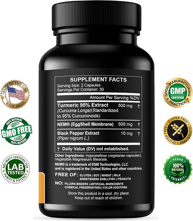 Turmeric Curcumin 95% Extract &amp Collagen Capsules - NEM Promotes Knee Comfort &amp Flexibility - Eggshell Membrane w Naturally Occurring Glucosamine Chondroitin Hyaluronic Acid- Made in USA