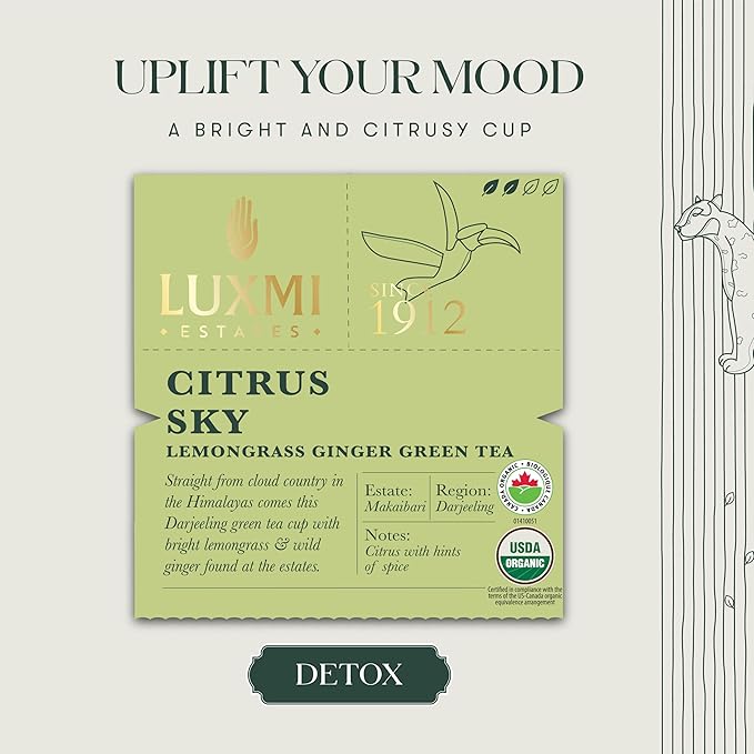 Luxmi Estates Citrus Sky Lemongrass Ginger Green Tea 50 Tea Bags (100g) Pack | Certified Organic Darjeeling Green Tea | Natural Lemon Balm Tea - Calming Supports Digestion | 50 Cups Bulk Pack