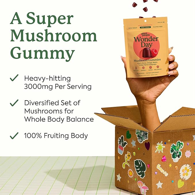 Plant People WonderDay Mushroom Gummies - Lion’s Mane Cordyceps Chaga Mushroom Supplement to Support Immune System De-Stress Boost Mood &amp Energy in Adults Natural Vegan Non-GMO (60 Count)