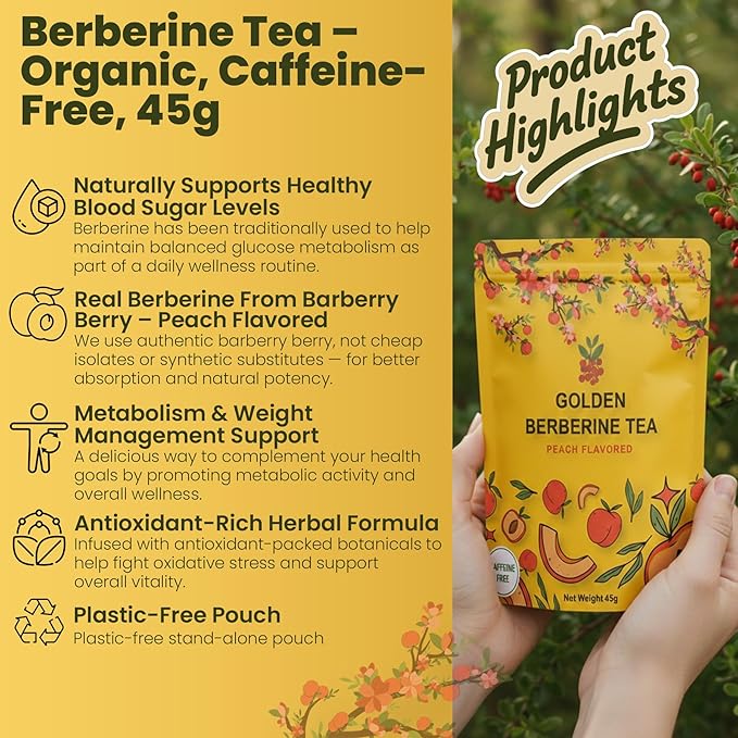 Berberine Tea 45g Natural Organic Caffeine-Free Blend Non-GMO Herbal in Plastic-Free Stand Alone Pouch Delicious Antioxidant for Immune Support (Peach)