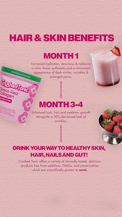 Crushed Tonic Korean Beauty Collagen Powder | Hydrolyzed Bovine Collagen Peptides for Skin Glow Hair &amp Nails | K-Beauty Drink | Gluten-Free Halal &amp Kosher (Strawberry 30 Servings (150 g) P