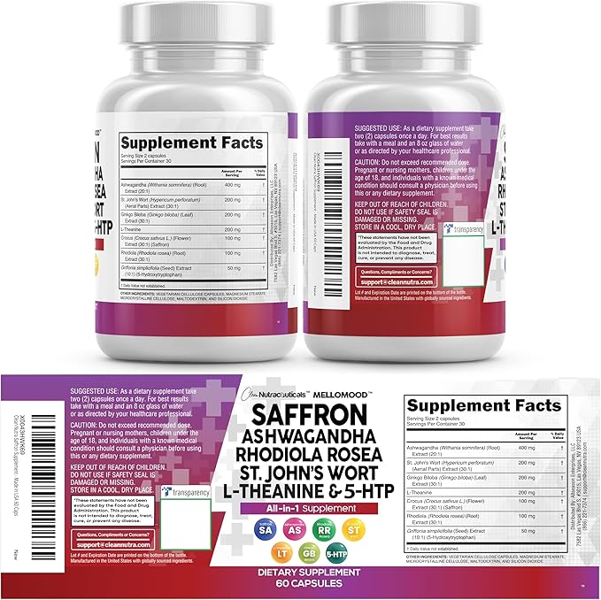 Clean Nutraceuticals Saffron Supplements Extract 100mg + Ashwagandha L-Theanine 200mg - Mood Support Ginkgo Biloba St. John's Wort Rhodiola Rosea &amp 5-HTP Capsules Pills Men Women (Pack of 2)