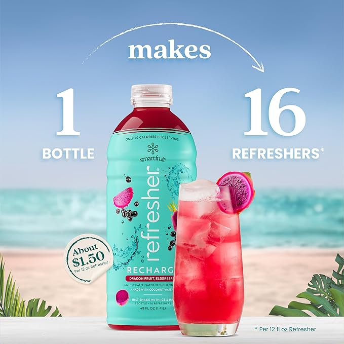 Smartfruit Recharge Refresher – Dragon Fruit Elderberry – Made with Real Fruit Juice No Added Sugar Coconut Water for Hydration Green Coffee Bean Extract for Natural Energy – 48oz Drink Mix