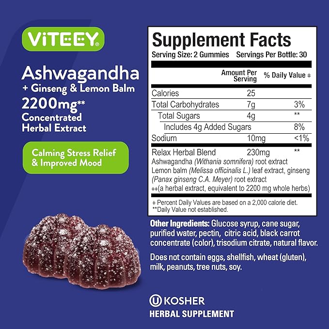 Viteey Ashwagandha Gummies with Ginseng &amp Lemon Balm - Mood Calm &amp Stress Support Ashwagandha Supplements - Vegan Gluten-Free - 120 Count