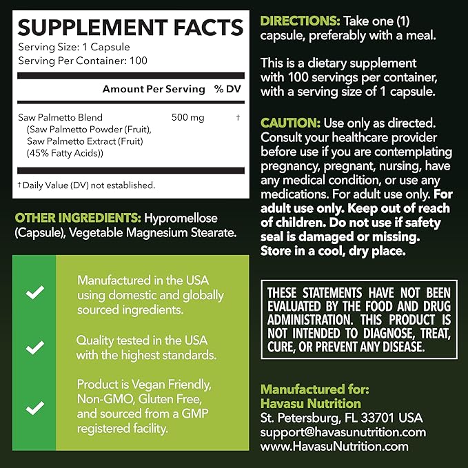 Saw Palmetto for Men Prostate Health Supplement to Promote Urinary Tract Function - 500mg Per Serving - 100 Count - DHT Blocker Hair Vitamin - Vegan Non-GMO Capsules Over 3 Month Supply