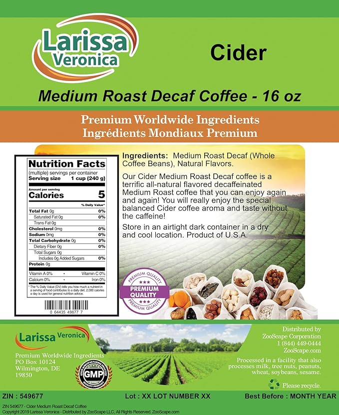 Cider Medium Roast Decaf Coffee (Gourmet Naturally Flavored Whole Coffee Beans) (16 oz ZIN: 549677) - 2 Pack