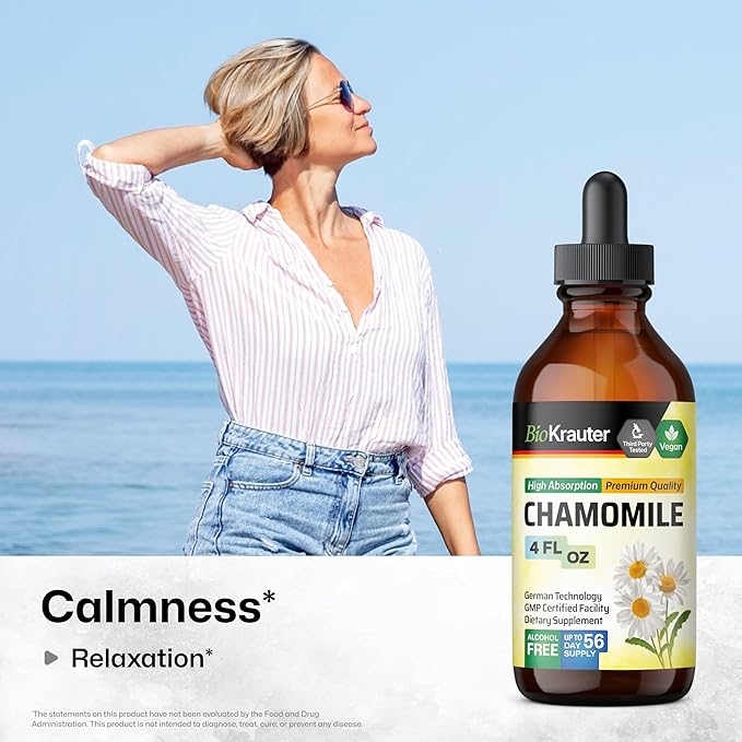 BIO KRAUTER® Chamomile Extract - Liquid Drops Pure Vegan Chamomile Supplement 670 mg per Serving 4 Fl.Oz 56-Day Supply - Used for Calm &amp Relax - Alcohol &amp Sugar Free - Natural Calm &amp Sleep