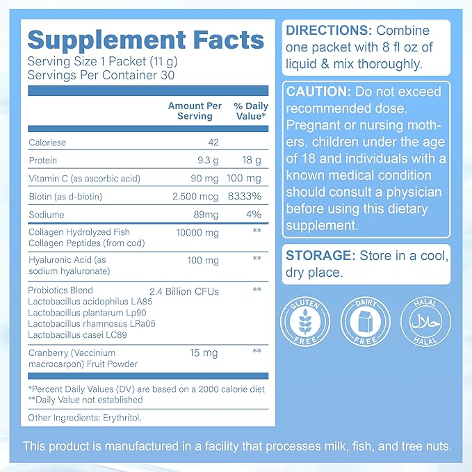 Marine Collagen Peptides Wild-Caught Non-GMO Verified Hydrolyzed Collagen Peptides with Vitamin C Hyaluronic Acid and Biotin MSC-Certified Unflavored Travel Packs 11g 30 Packets