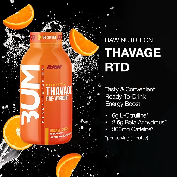 RAW Ready to Drink Pre-Workout Drink Orange Crush - BUM Thavage RTD Preworkout Shakes - Energy Supplement Drinks with Beta Alanine L-Citrulline &amp Caffeine - Zero Sugar