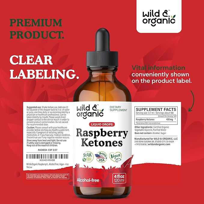 Wild &amp Organic Raspberry Ketones Liquid Drops - Vegan Raspberry Ketones Supplement for Overall Well-Being - 5-Month Supply - Non-GMO No Alcohol &amp Sugar - 4 fl oz