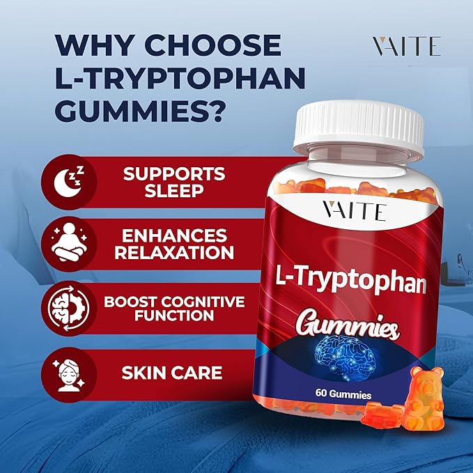 VAITE L Tryptophan 1000mg Gummies – Chewable Supplement for Positive Outlook Calm Support &amp Inner Balance 60 Vegan Gummy to Promote Restful Nights Support Mental Focus &amp Encourage Peaceful
