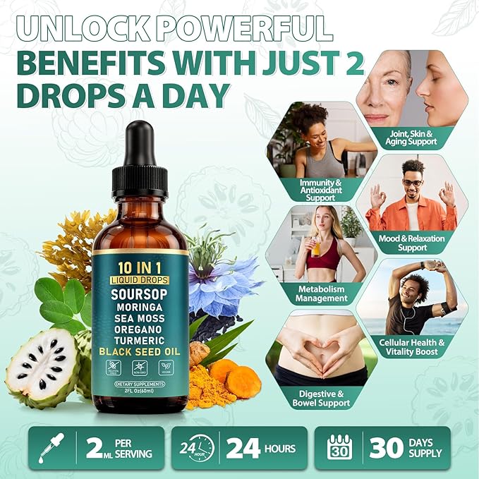 10-in-1 Soursop Bitters Liquid Drops with Sea Moss Moringa Black Seed Oil Turmeric Ashwagandha Oregano - for Overall Health - 2 Fl Oz - Non-GMO Vegan
