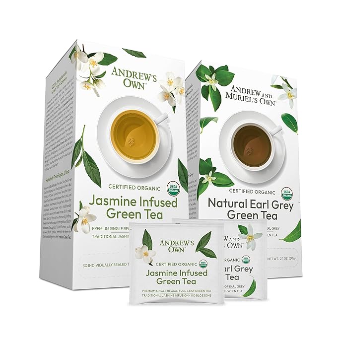 ANDREW LESSMAN Tea - Variety Pack - Jasmine Infused Green Tea + Earl Grey Green Tea 30 Sachets Each - Certified Organic. Refreshing Ultra-Mild Flavor. Rich in Healthy EGCG. No Bitter Aftertaste