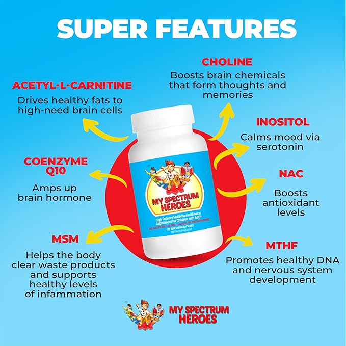 My Spectrum Heroes Children's Multivitamin Supplement - Acetyl-l-carnitine Choline Coenzyme Q10 Inositol MSM MTHF NAC for Daily Nutritional Help and Cognitive Health (150 Capsules)