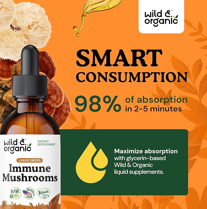 Wild &amp Organic Immune Mushrooms Tincture - 8-in-1 Mushroom Complex with Chaga Turkey Tail Lion's Mane Reishi Extract - Immune Support Drops - Vegan Sugar &amp Alcohol-Free Liquid Supplement -