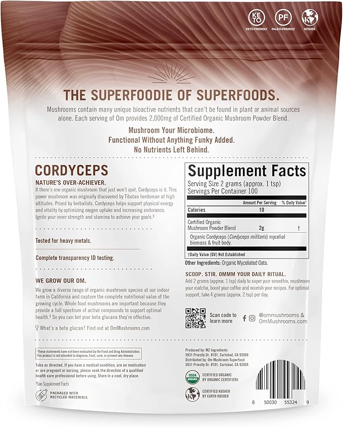 OM Mushroom Cordyceps Powder 7.05 oz (100 Servings) – Organic Vegan Non-GMO Gluten-Free – Energy Stamina &amp Endurance Support – Adaptogenic Superfood for Sports Performance Smoothies &amp Te