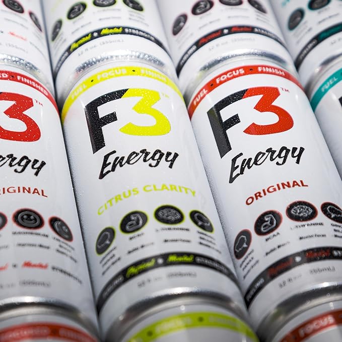 F3 Energy Tropical Theory Energy Drink - Muscle Building Sports Drinks w/BCAA Panax Ginseng &amp Ginkgo Biloba - Natural Energy Drinks for Mental Focus &amp Muscle Recovery 125 mg Caffeine (12 pac