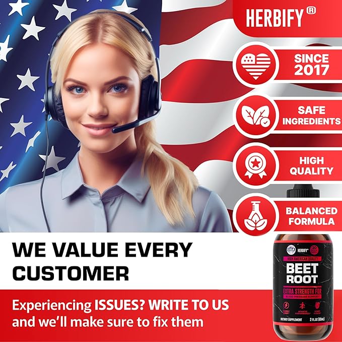 HERBIFY Beet Root Extract - Blood Pressure Supplement &amp Nitric Oxide Booster - Beetroot Supplement for Heart Health and Energy Booster for Men &amp Women (30 Days Supply) Made in USA 2 FL Oz
