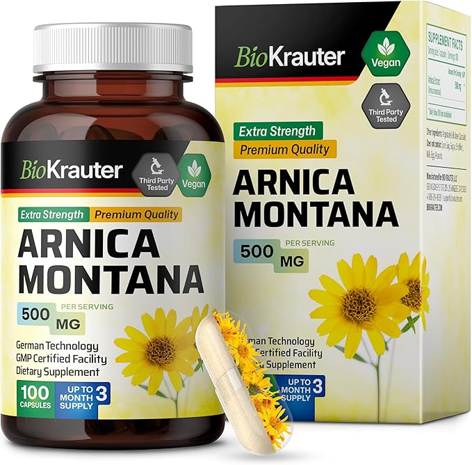 BIO KRAUTER® Arnica Montana for Bruising and Swelling - Vegan &amp Pure Arnica Supplement in Capsules 500 mg per Serving 100 Caps - Used for Daily Wellness - No Fillers Non-GMO - 100 Days of Supply