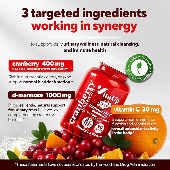 D mannose with Cranberry and Vitamin C - USA Made D-mannose 1000mg Capsules - Cranberry Pills for Urinary Tract &amp Bladder Immune Support - 90 Count