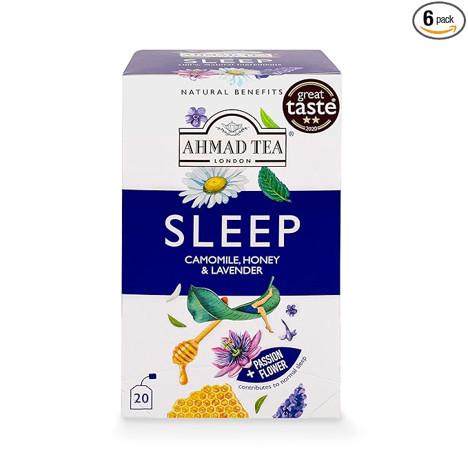 Ahmad Tea Herbal Tea Camomile Honey &amp Lavender 'Sleep' Natural Benefits Teabags 20 ct (Pack of 6) - Decaffeinated &amp Sugar-Free