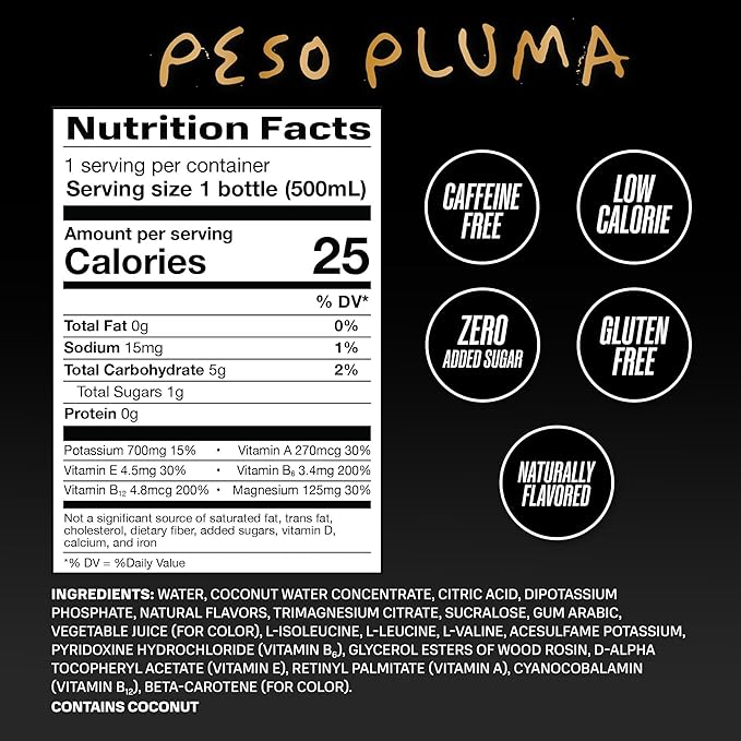 PRIME Hydration PESO PLUMA Sports Drinks Electrolyte Enhanced for Ultimate Hydration 250mg BCAAs B Vitamins Antioxidants Low Sugar 16.9 Fl Oz 12 Pack