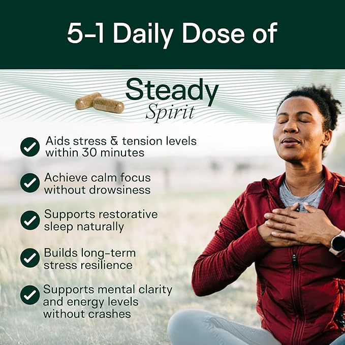 Adapt Naturals Steady Spirit Stress Anxiety &amp Mood Support Supplement for Women and Men with Ashwagandha L-Theanine Holy Basil Saffron and Lemon Balm - Stress Relief Supplement - 60 Day Suppl