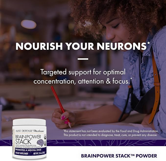 Host Defense BrainPower Stack Powder - Targeted Brain Support Supplement - Powder Mushroom Supplement with Lion's Mane Niacin (B3) &amp Vitamin B12 - Herbal Brain Support - 100g (66 Servings)*
