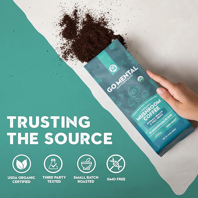 Organic 14 Mushroom Coffee Blend Dark Roast Organic Lion's Mane Chaga Red Reishi and more Chocolate Notes Enhances Overall Health Immune Support And Wellbeing Ground 12 oz Bag