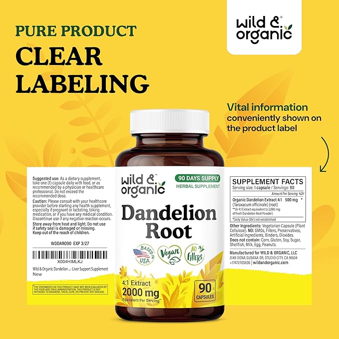 Wild &amp Organic Dandelion Root Capsules - Liver Detox Supplements - 2000 mg of Fresh Dandelion Root Powder per Capsule - 90 Vegan Capsules - 3 Month Supply - No Fillers Non-GMO