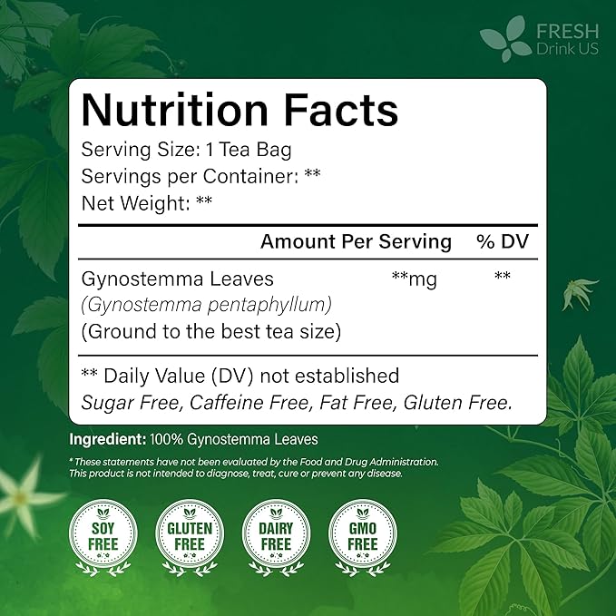 FreshDrinkUS Premium Gynostemma Tea Bags (Jiaogulan) | 135 Count | Naturally Smooth &amp Earthy Caffeine-Free Herbal Tea – Plant-Based Tea Bags for Daily Enjoyment. Caffeine Free Sugar Free. Vegan