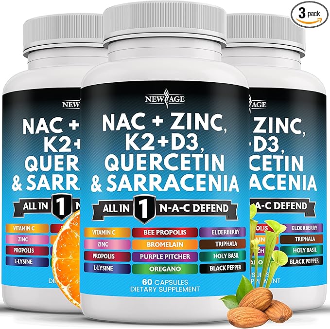 NEW AGE NAC Supplement N-Acetyl Cysteine- with Vitamin D3 K2 Zinc Quercetin Triphala Sarracenia Purpurea Elderberry Holy Basil Bee Propolis Bromelain L-Lysine - 180 Count